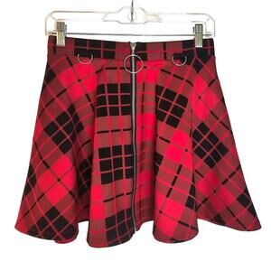 Hot Topic Red & Black Plaid Mini Skater Mall Goth Skirt with Hardware & Zipper